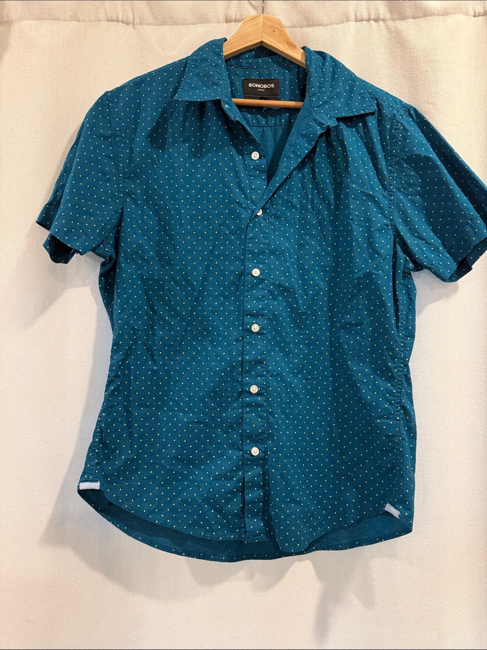 Bonobos Teal Short-Sleeve Button-Down Slim Fit Shirt with Yellow Micro Dot Print